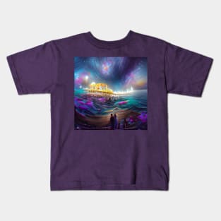 Cosmic Santa Monica Pier AI created Digital Art Kids T-Shirt